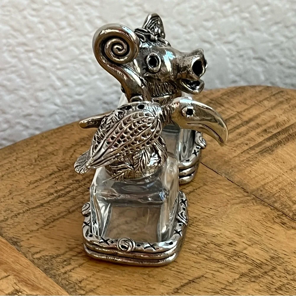 AST Pewter Salt Pepper Shakers Animal Head Glass Cow Bull Crow Bird of Prey